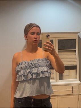 Sienna Sky Light Blue Ruffled Tiered Spaghetti Strap Cami